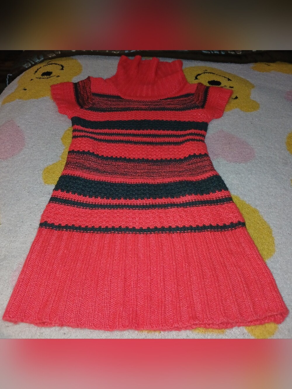 Pre-loved Girls' Dark Coral Striped Knit Dress with Turtleneck.